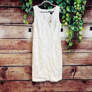 $398 Ellen Tracy Midi Dress Size 2 White Sleeveless Sheath V Neck NWT w/ Stain